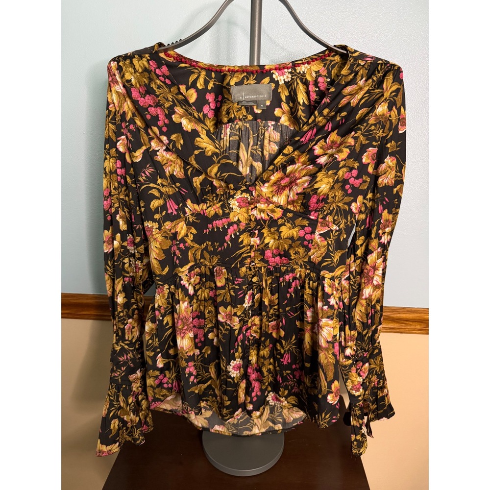 Anthropologie Floral Peplum Blouse Black Pink Gold Boho V-Neck Top OB1596837 M